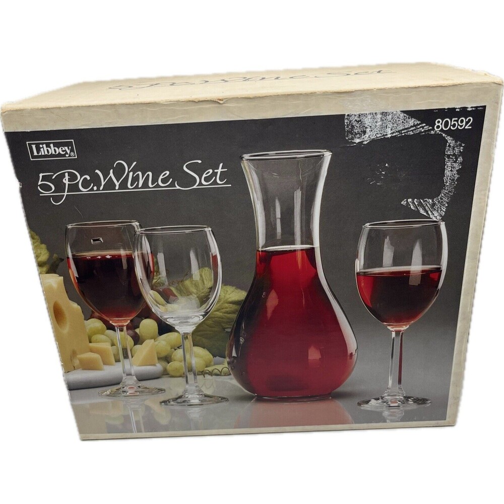 Vintage Libbey 5 Piece Wine Set W/ 4 10.5 Oz  Goblet Glasses & 1 Liter Decanter